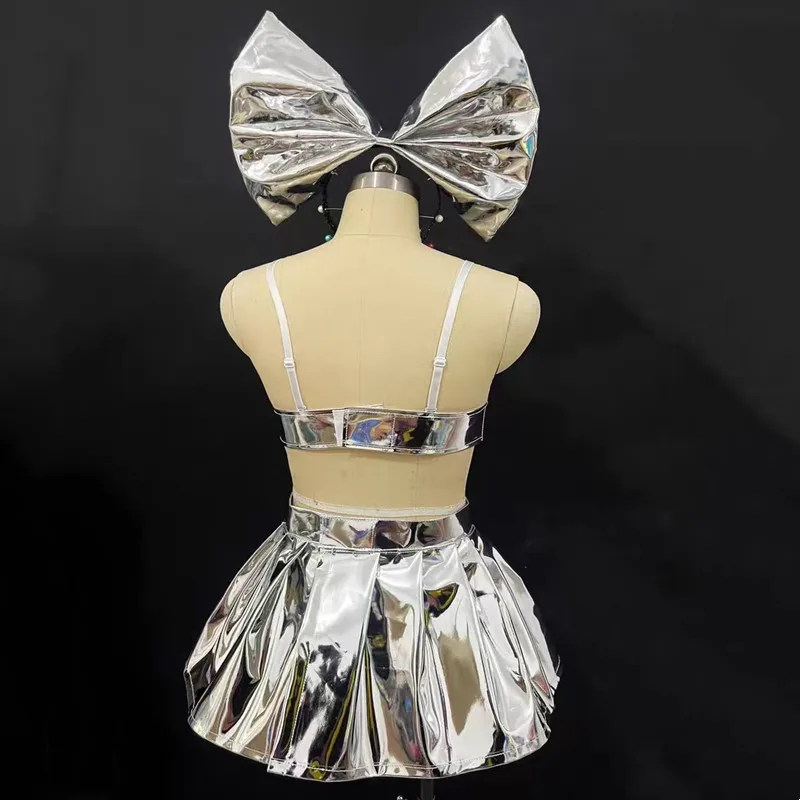 Bar Nightclub Women DJ Gogo Dancer Costume Silver Gold Laser Leather Mini Skirt Bow Headgear Team Dance Outfit Sexy Stage Wear