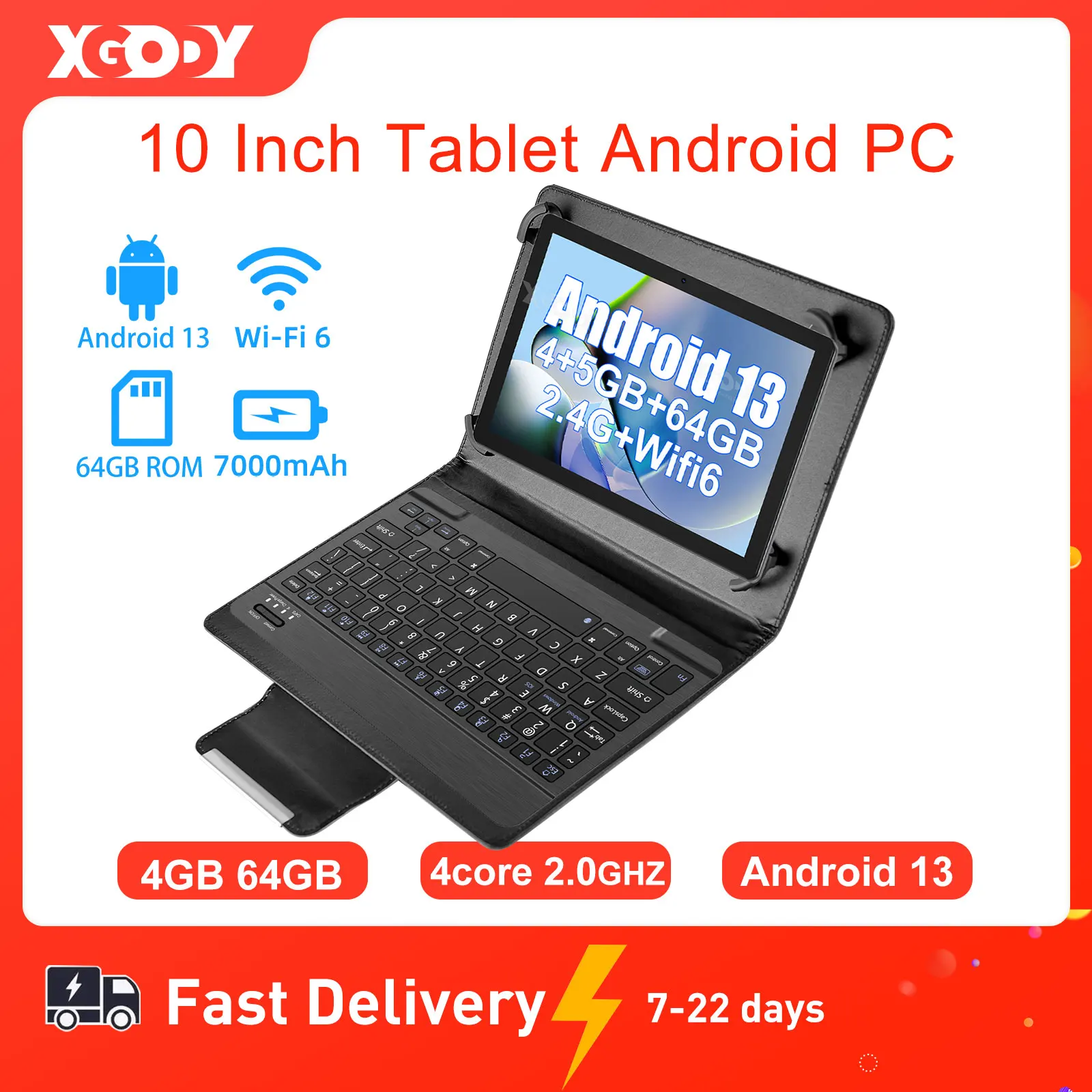 

XGODY WiFi Tablet Android 13 Pc 10.1 Inch Tablets Children's Gift 4GB RAM 64GB ROM Quad-core 7000mAh with Bluetooth Keyboard