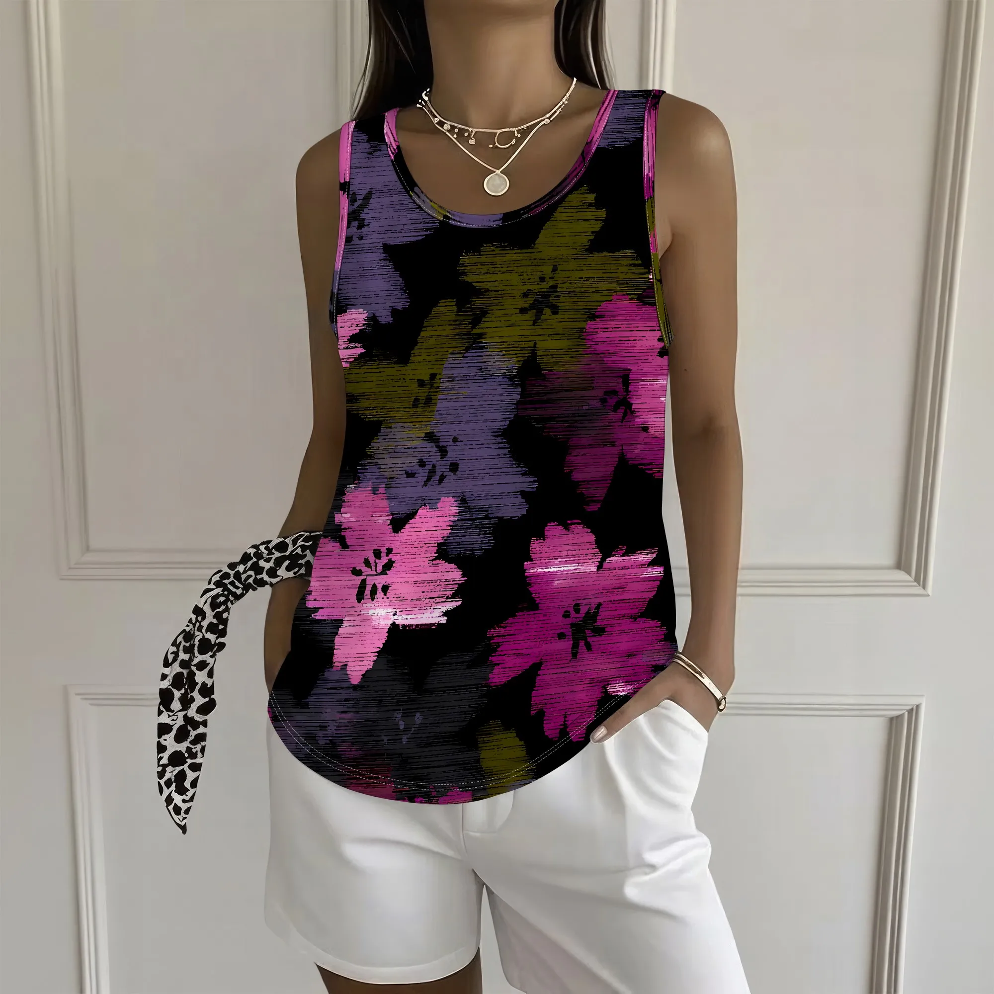 Floral Print Tank Top, Sleeveless Floral Blouse, Abstract Flower Shirt, Summer Beach Vacation Wear, S-2XL