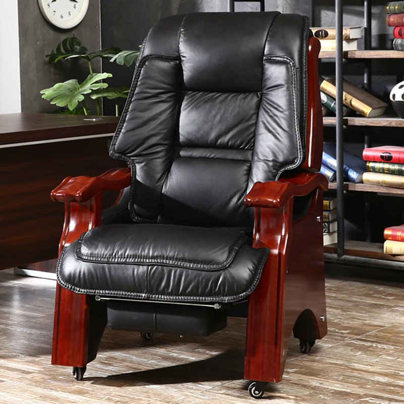 

Boss leather cowhide solid wood four-legged office massage reclining home computer
