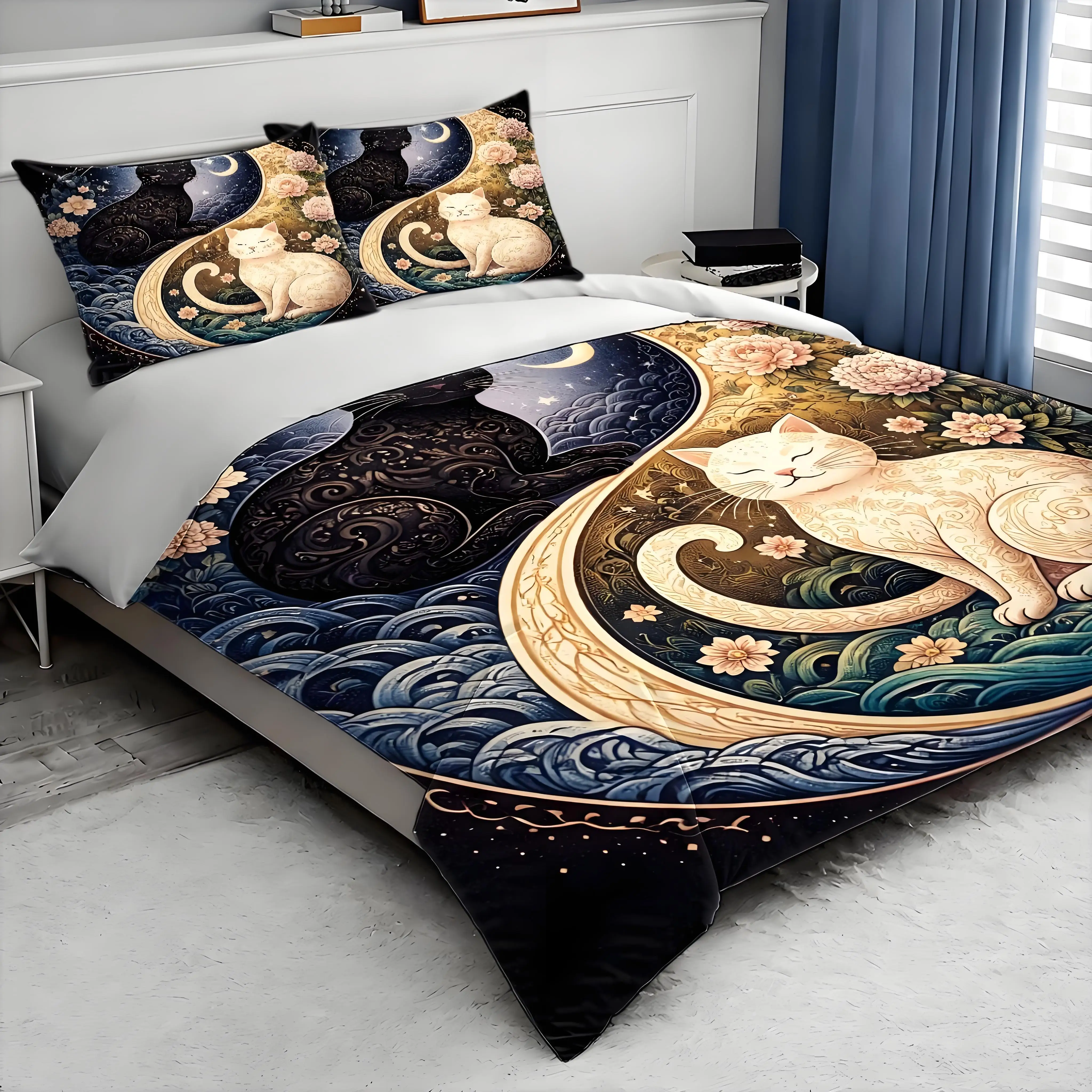 3Pc Yin Yang Cat Print Quilt Cover Set, Three-Piece Bedding Set (1*Quilt Cover + 2*Pillowcases), Suitable for All Seasons, Machine Washable, Invisible Zipper Double Bed Cover, Suitable for Home, Dormitory, Master Bedroom, Guest Room, Large Size Bedding Set, Retro Art Style Bedding, Comfortable and Skin-Friendly Bed Set, Cross-Border Best-Selling Bedroom Bedding, Exquisite Pattern Cat-Themed Quilt Cover, Multifunctional Home Bed Cover Set