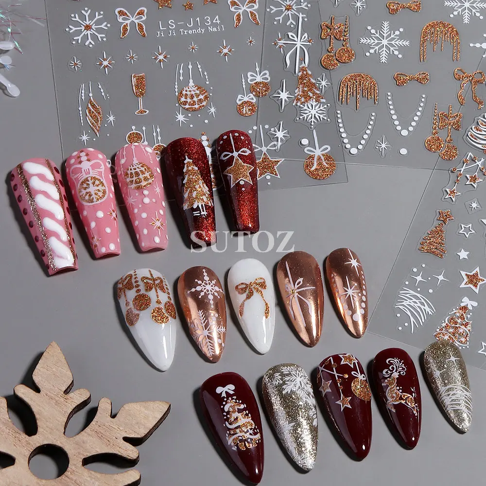 Glitter árvore de natal adesivos de unhas estrela de ouro dos desenhos animados veados decalques floco de neve arco sliders de unhas ano novo manicure decorações LEBLS-J32