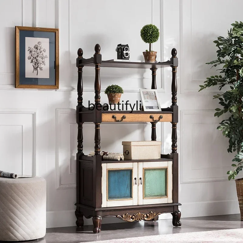 

Solid Wood Storage Rack Small Partition Vintage Wine Cabinet Multi-Layer Display Cabinet Bedroom Bookcase Storage Rack