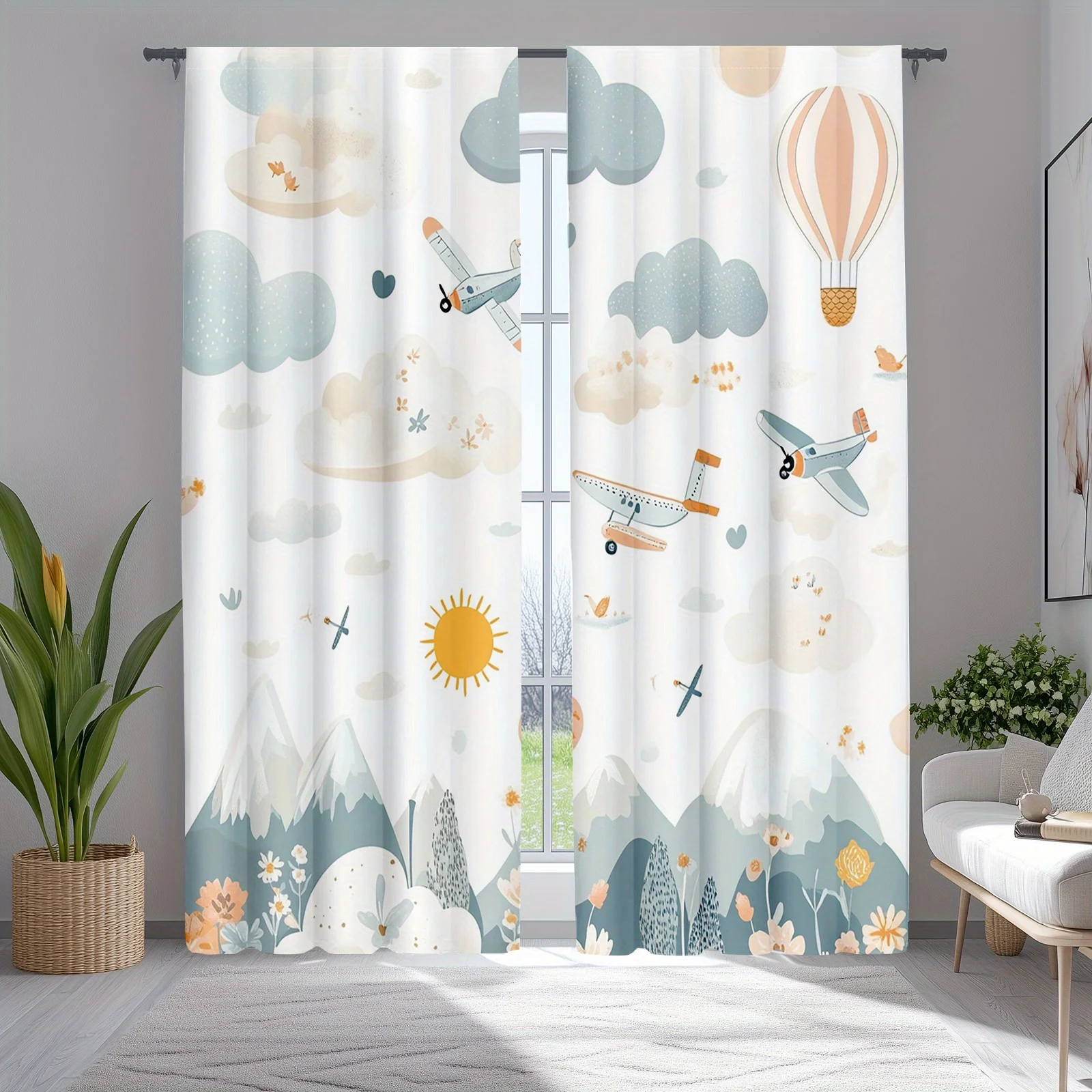 2pcs Aircraft Curtains, Shanyin Airlines and Cloud Design for Bedroom Window
