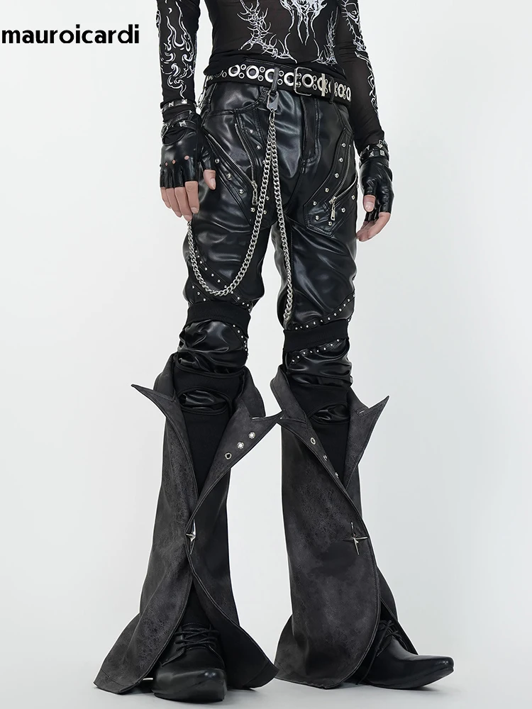 Mauroicardi Spring Skinny Black Pu Leather Motorcycle Pencil Pants for Men with Detachable Leg Covers Alternative Punk Clothes