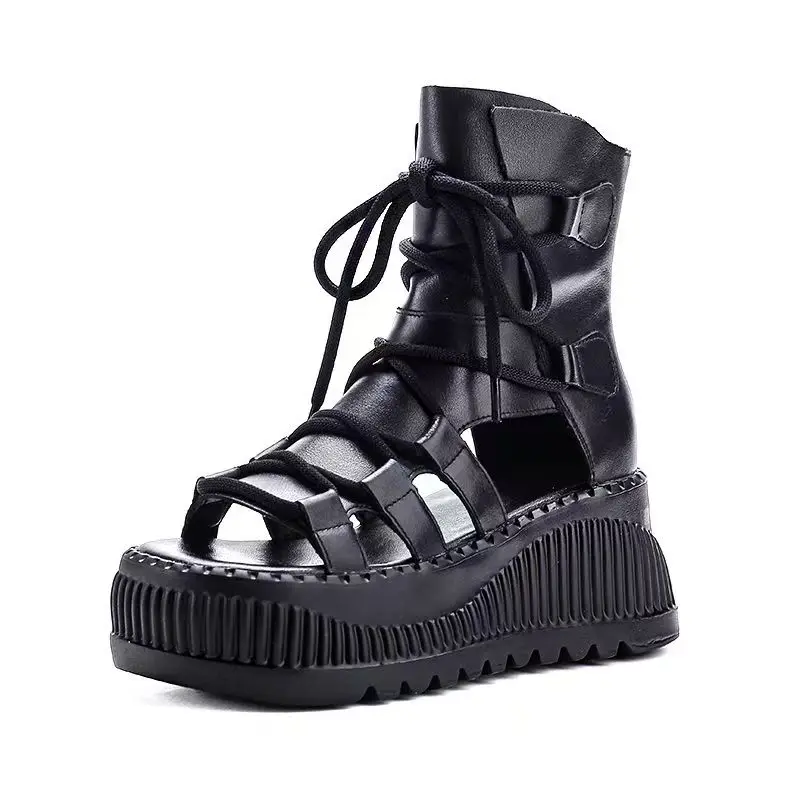 

Genuine Leather Platform Women's Sandals 2025 New Style Thick Soles High Heels Retro Hollow Breathable Cool Boots Fish Mouth
