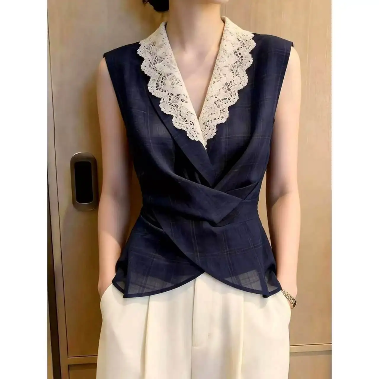Elegant Office Navy Plaid Wrap Vest White Scallop Lace Lapel V Neck Cross Twist Fitted Waist Sleeveless Women Casual Blouse Top