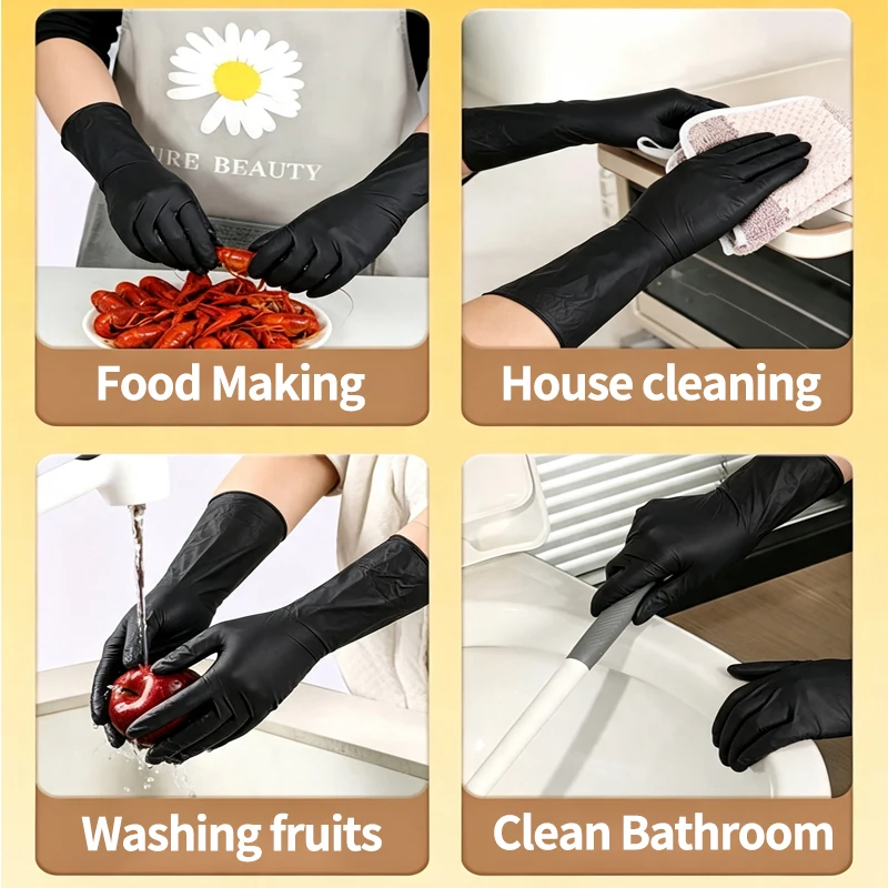 Disposable Nitrile Gloves, 12-Inch Extra Thick and Extended, Durable Rubber, Black, for Household Cleaning and Automotive Repair