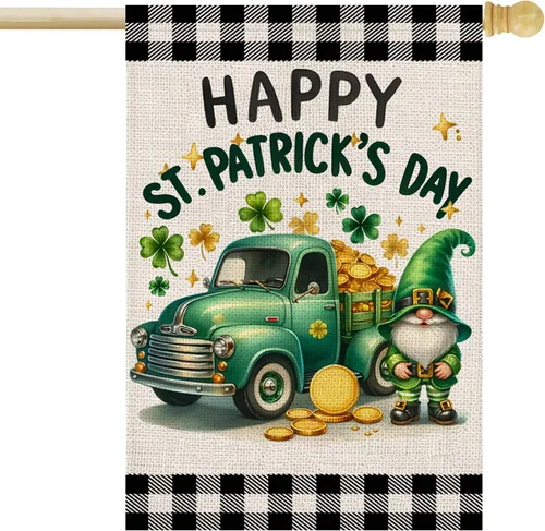 Happy St Patricks Day House Flag 28X40 Inch Double Sided Shamrocks Gnome Truck B 7445000770714 AAV hhz