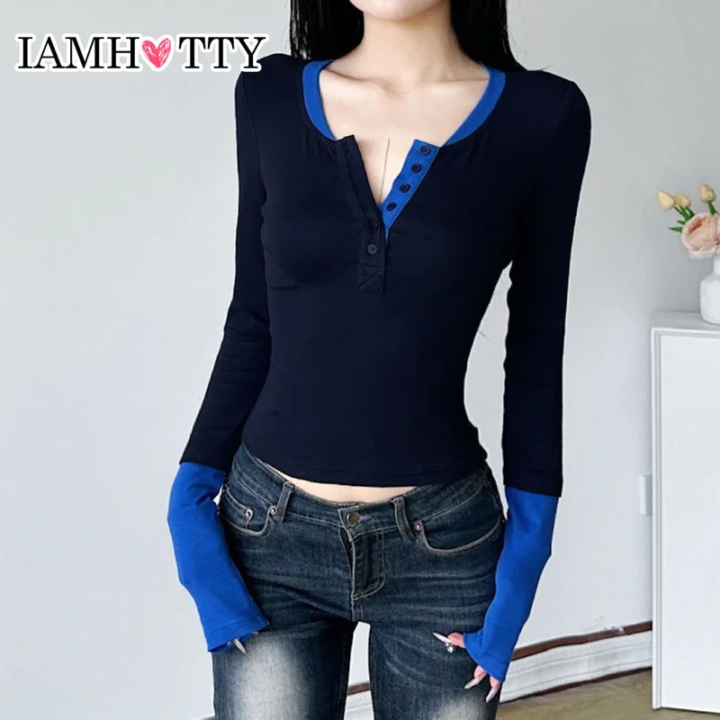 

IAMHOTTY Contrast Color Patchwork Top Korean Style Button-up Collar T-shirt Chic Elegant Knitted Tops Streetwear Basic Knitwear