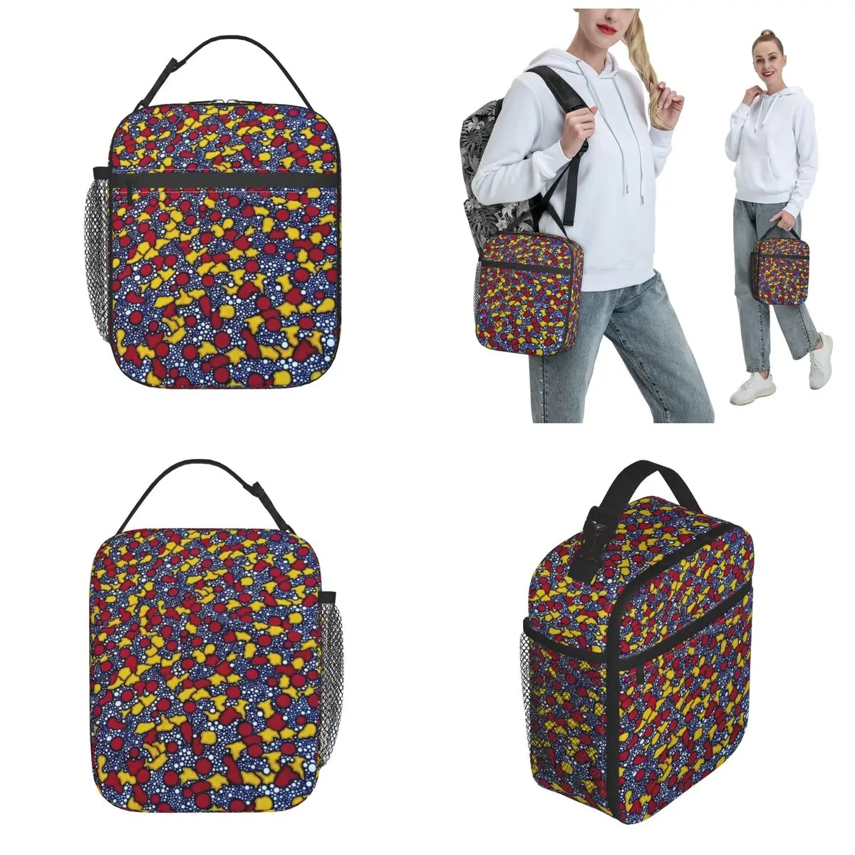 Insulated Lunch Bags African Print Inspired Digital Merch Geometric Ankara Red Lunch Container  Cooler Thermal Lunch Box