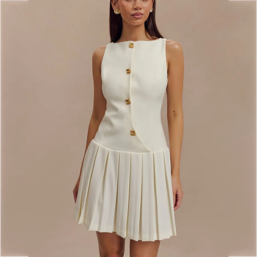 

White Pleat Prom Dresses Mini Sleeveless O Neck A Line Simple Dress Tiered Above Knee Length Club Social Party Gowns Classic
