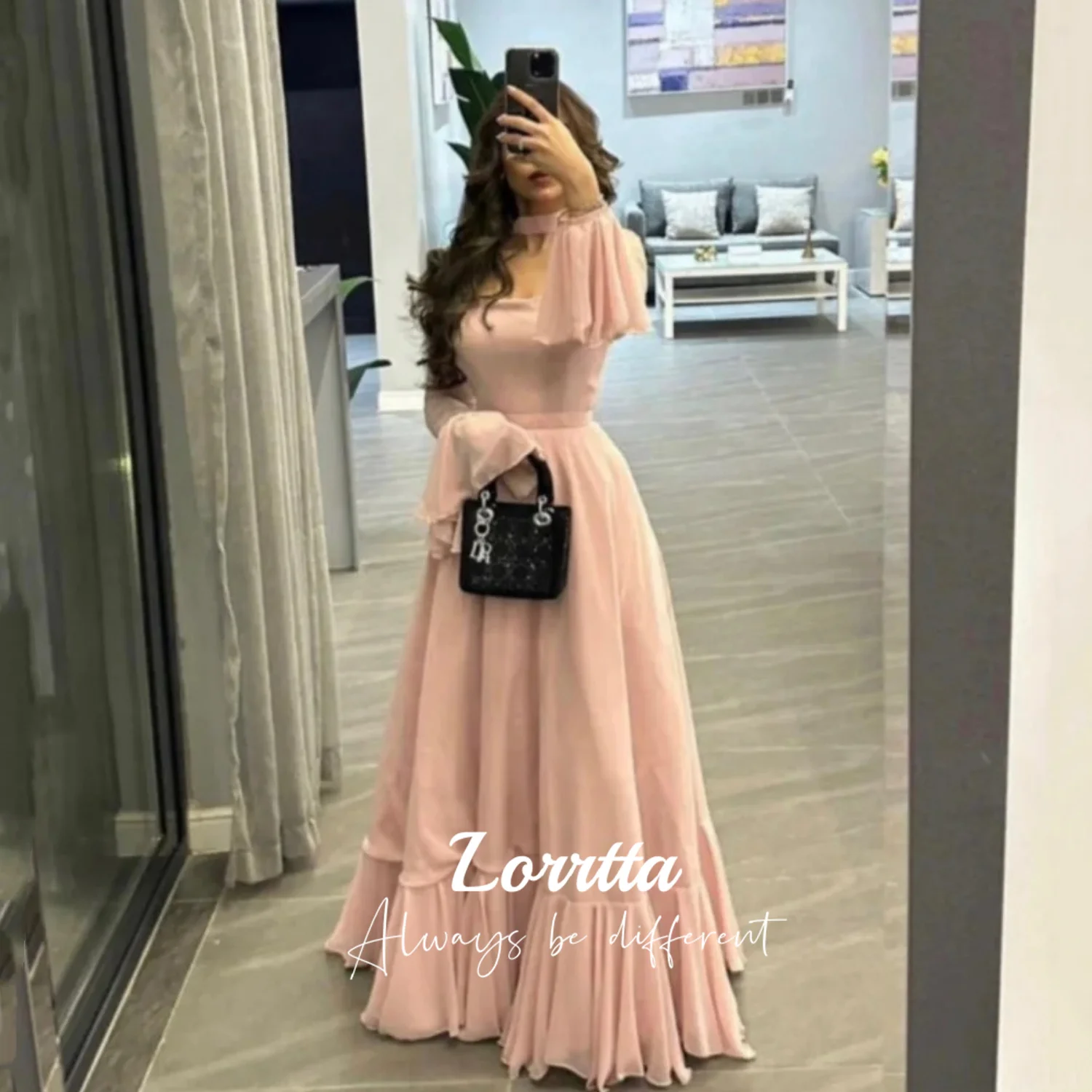 Lorrtta Elegant A-Line Pleated Simple Party Dress Chiffon Bell Sleeve Formal Floor Length Pink Evening Prom Gown Customized