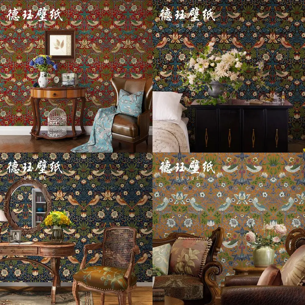 Retro American Country Style Floral Bird Wallpaper for Living Room Bedroom TV Background Wall Chinese Classical Ethnic Style Wal