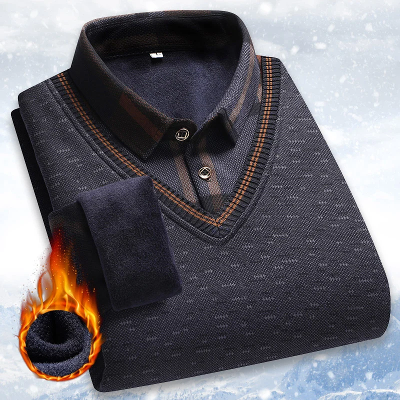 New Autumn Winter Sweaters Men\'s Velvet Pullover Knitted Bottom Shirts Men\'s Polo Pullover Wine Red Fleeced Knitwear