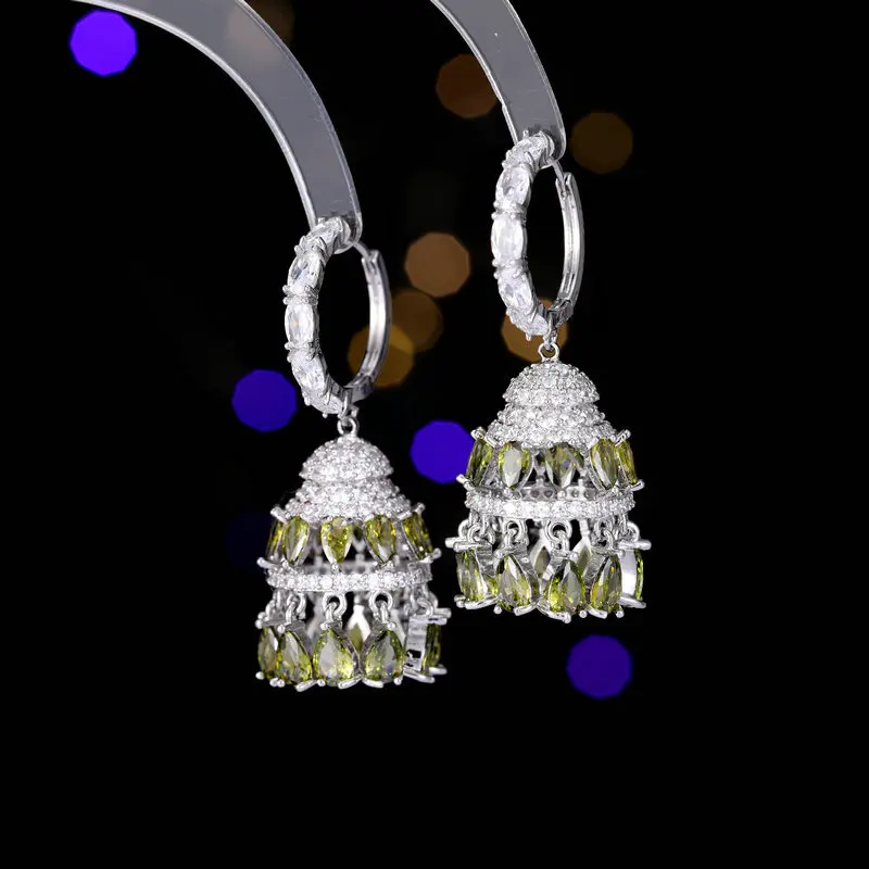 FXLRY Gorgeous Olive Green Cubic Zircon Dangling Huggie Drop Fringed Chandelier Long Earrings For Women Party Jewelry