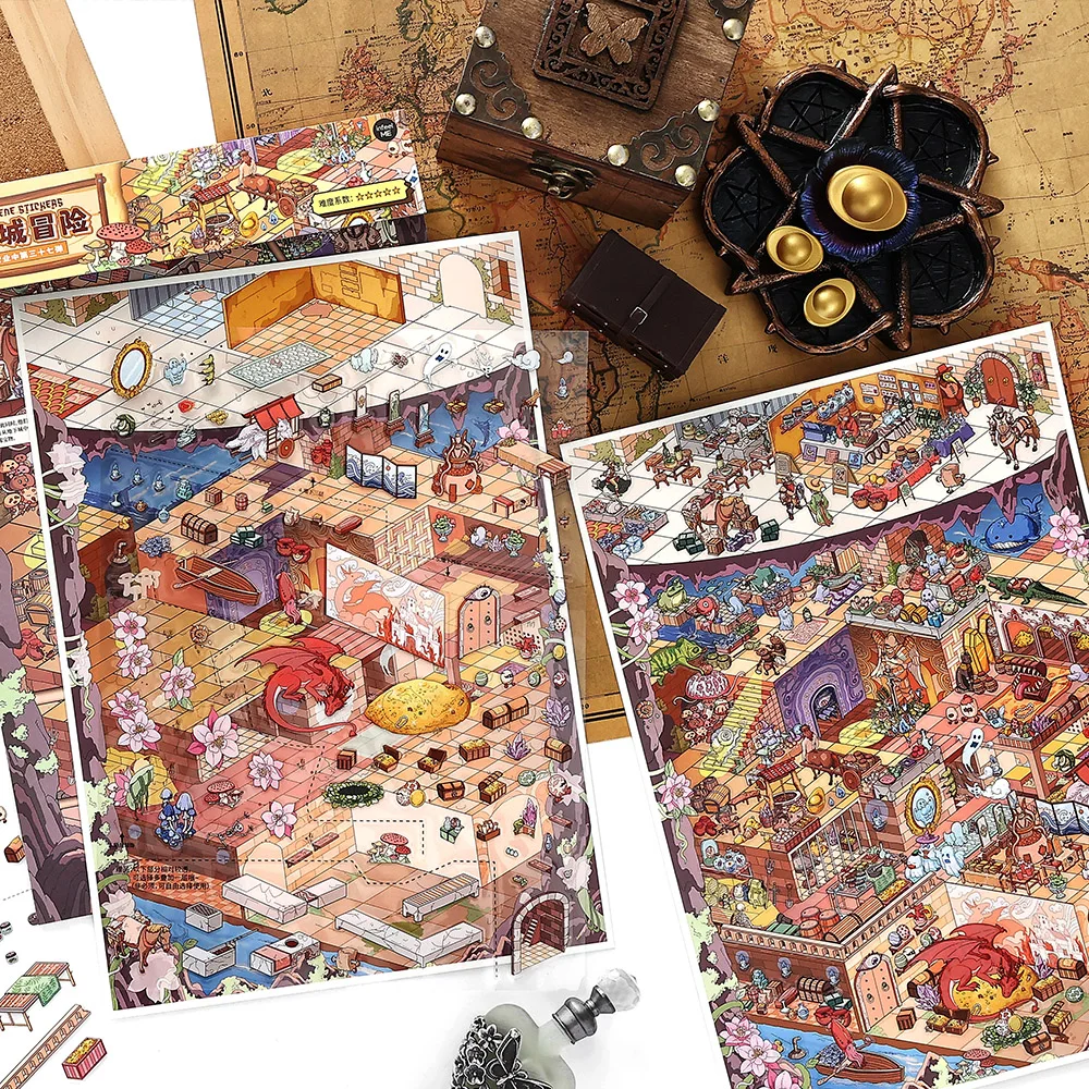 4sheets/bag Today's Openiing The 37th Round Series PET Oversized 2.5D Landscape Sticker Decompression Collage Decoration