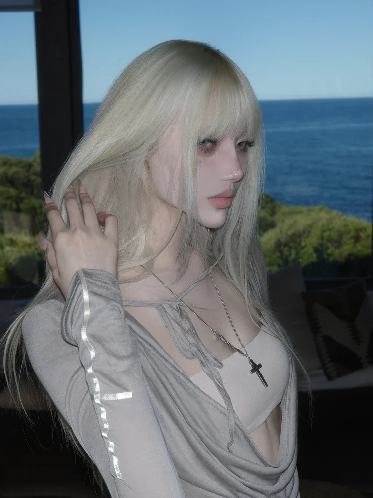 IMU Pas A Pas Original Design Deep Swing Collar Tshirt Women Summer Thin Long Sleeve Slim Sexy Cross Patch Solid Pullover Shirts