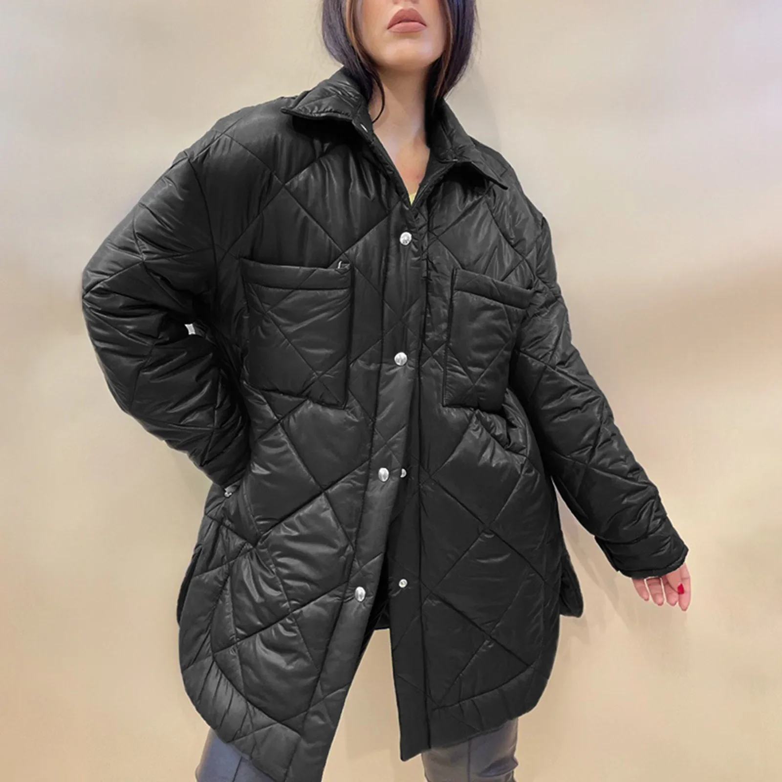 Women's Long Diamond Quilted Down Cotton Coat With Turn Down Autumn And Winter Padded Jacket Womens Faux Hooded Jacket