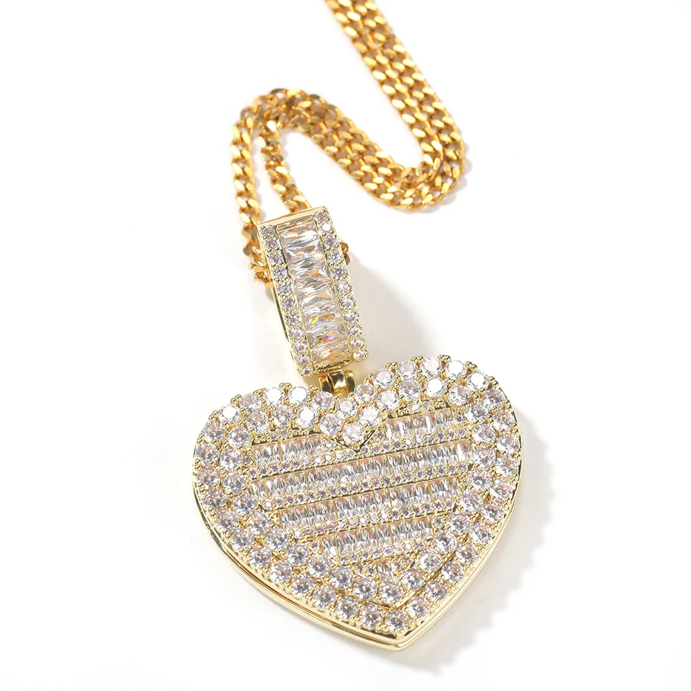 

Men's and women's necklace plated with 18k gold zircon heart-shaped photo clip, hip-hop rock fashion jewelry, party accessories