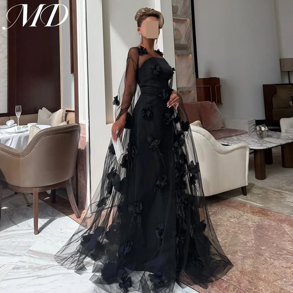 MD 새로운 우아한 수제 꽃 Tulle 댄스 파티 드레스 캡 슬리브 블랙 슬림 새틴 이브닝 드레스 Customsied فساتين سهرة