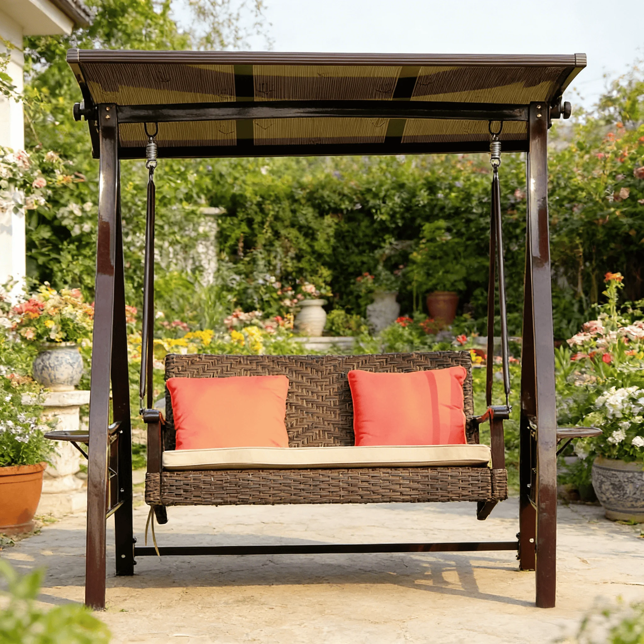 

Современные уличные качели-диван с подставкой, двухместные, с регулируемым наклонным навесом, всепогодный стальной каркас для использования на заднем дворе