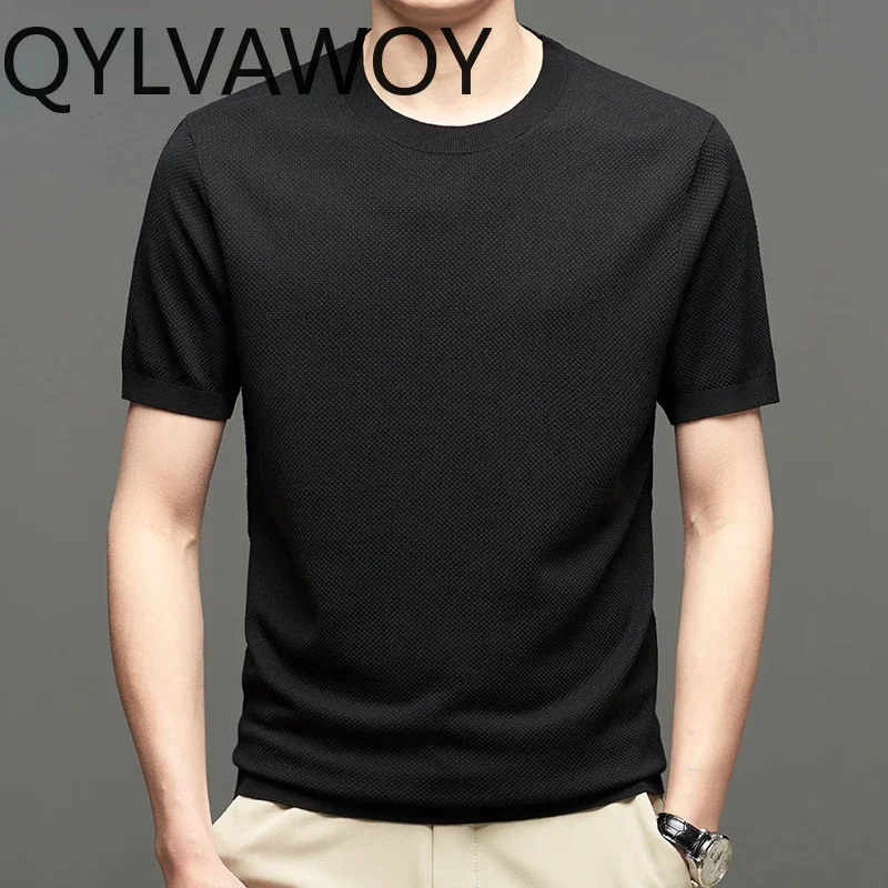 QYLVAWOY 5.5% Mulberry Silk T-Shirts for Men 2025 Thin Style Summer Clothes Mens T Shirts Short Sleeve White Top Loose Fit