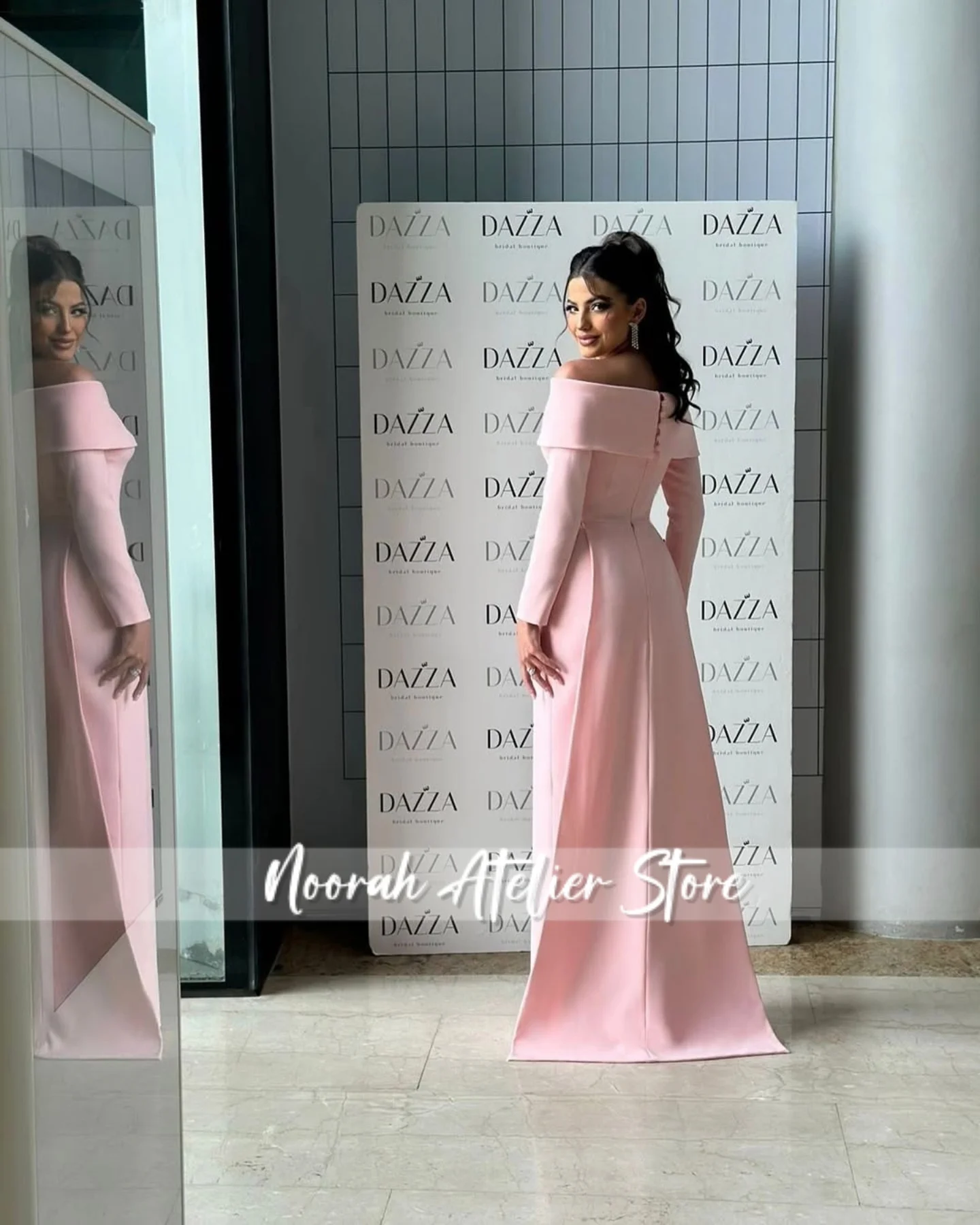 فساتين سهرة جديدة أنيقة على شكل قارب وردي وأكمام طويلة في دبي 2025 فستان زفاف للحفلات الراقصة فستان رسمي من Fساتين