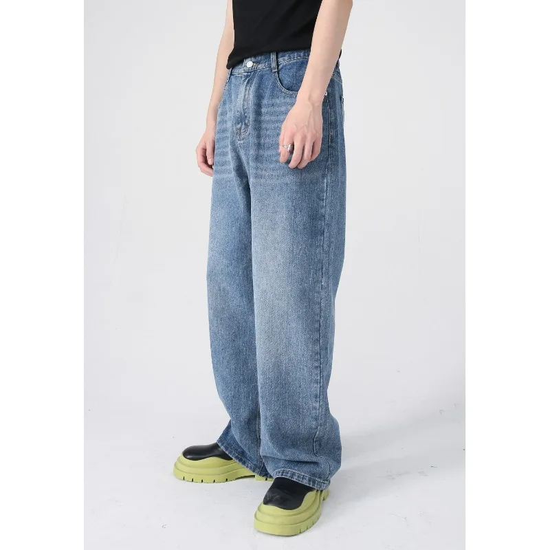 

KIDWHXR Men Straight-leg Pant Four Seasons Vintage Solid Color Male Denim Pant Mid Elastic Waist Washed Casual Man Trousers