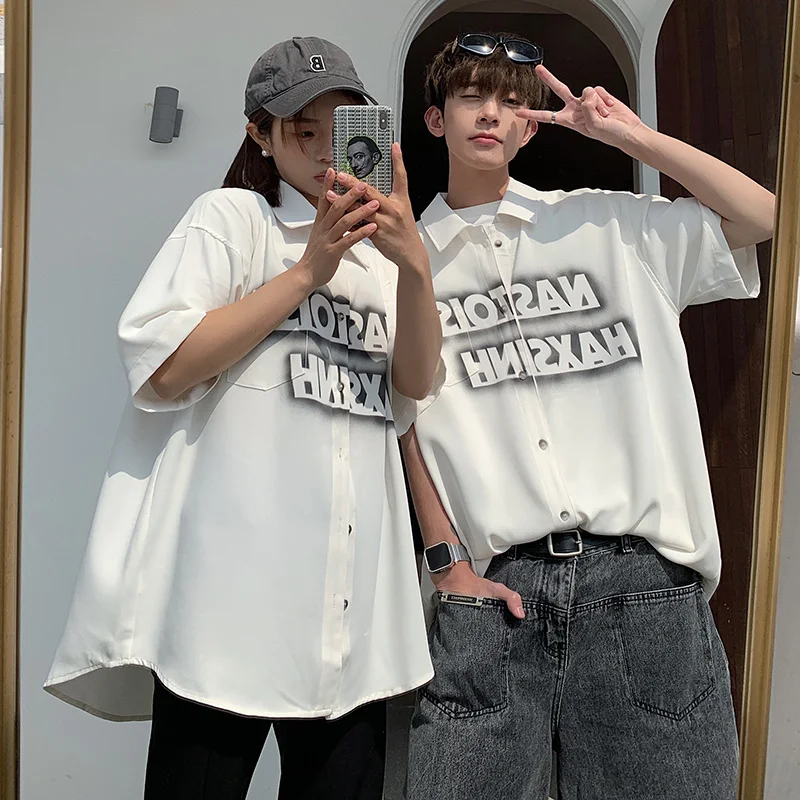 

Белая футболка из ледяного шелка с коротким рукавом для мужчин, летняя, свободная, повседневная, с принтом, для подростков и пар, молодежный модный тренд