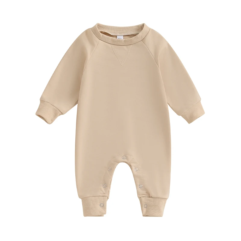 Newborn Baby Boy Girl Romper Plain Long Sleeve  Button Up Jumpsuit Bodysuit With Kangaroo Pocket Fall Clothes