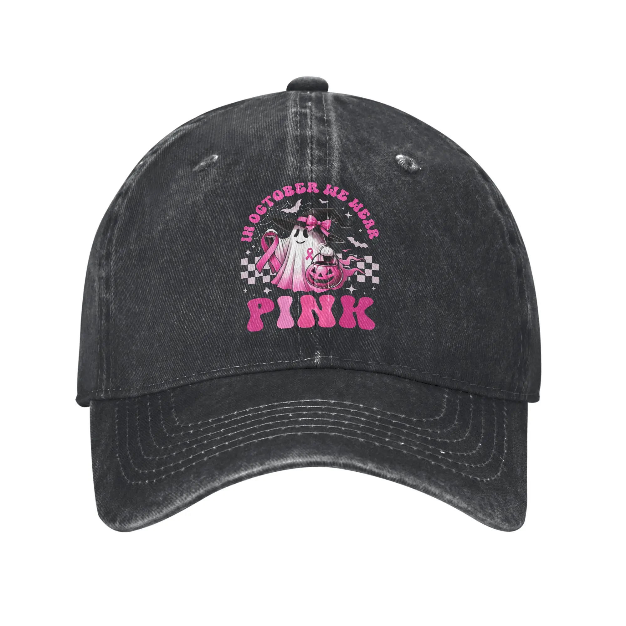 in October We Wear Pink Ghost Witch Breast Cancer Halloween Baseball Cap Sun  Kpop Rock Dropshipping Washed Trucker Hat