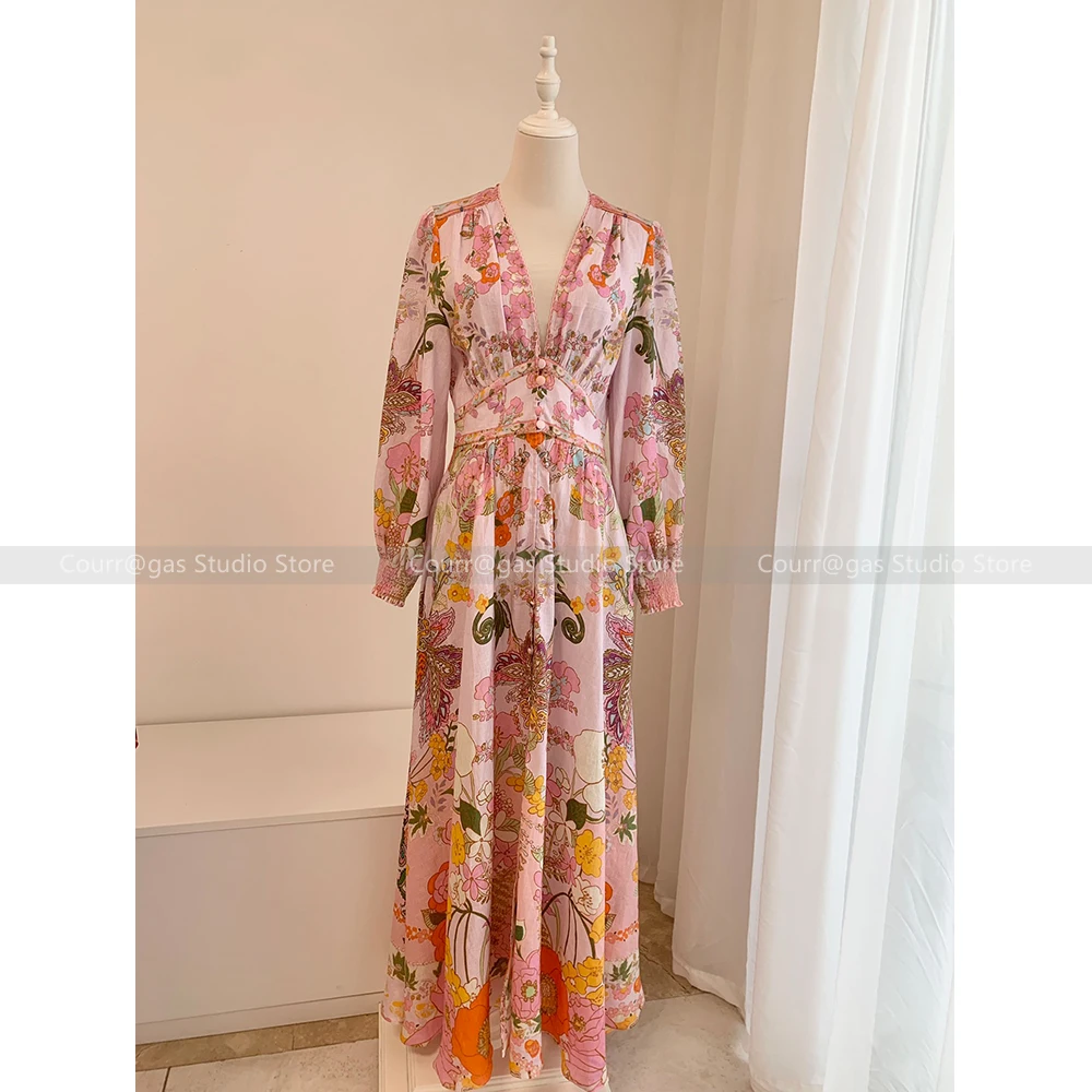 

Australian Niche Silk V-Neck Printed Rhinestone Long Sleeve Resort Style Long Dresses for Women