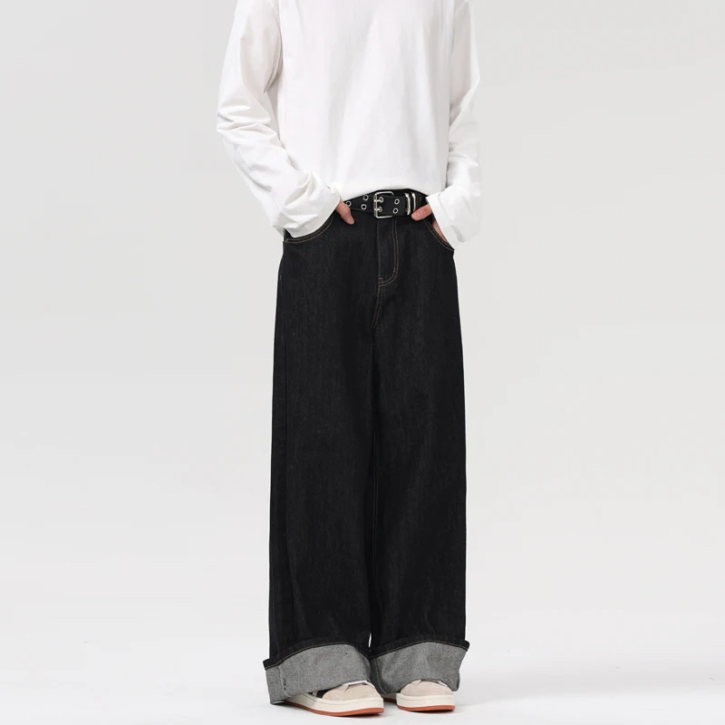 New Versatile Retro Denim Wide Leg Jeans Original Cow Solid Color Loose And Simple Casual Floor Length Pants For Men