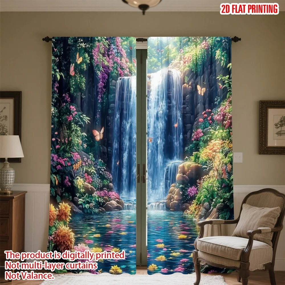 

2D flat printing 2pcs Curtain Waterfall with Butterflies Digital Printed Polyester Drapes Party Decorations Use for Indoor