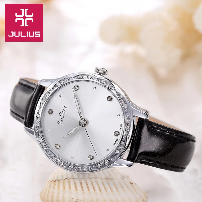 Hot Pink Julius Lady Women\'s Watch Japan Quartz Rhinestones Elegant Fashion Hours Real Leather Girl\'s Gift No Box