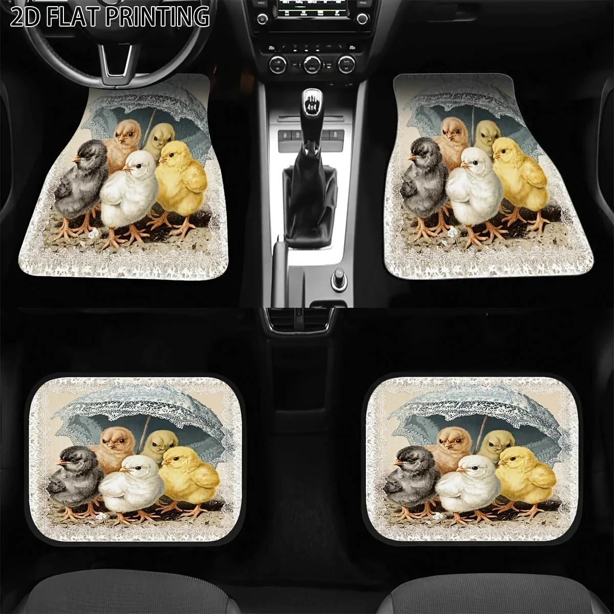 4pcs Car Floor Mats Chicken Duck Pattern Printed Universal Material Interior Accessories Suitable All Seasons Vehicle Decoration