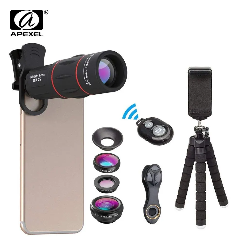 APEXEL Phone Lens Kit Fisheye Wide Angle Macro 18X Telescope Lens Telephoto with 3 in 1 Lens for Samsung iPhone All Smartphones