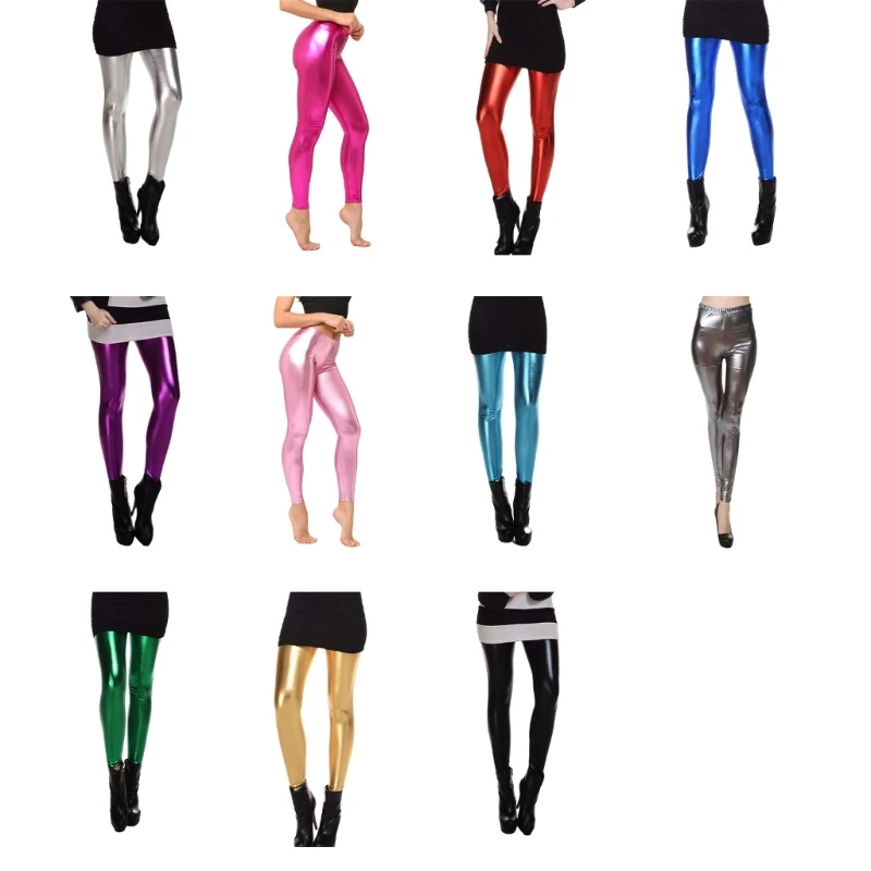 Women Fashion PU Leather Leggings Solid Color Trousers Casual Middle Waist Stretchy Slim Fit Pants for Street Club Daily Wear