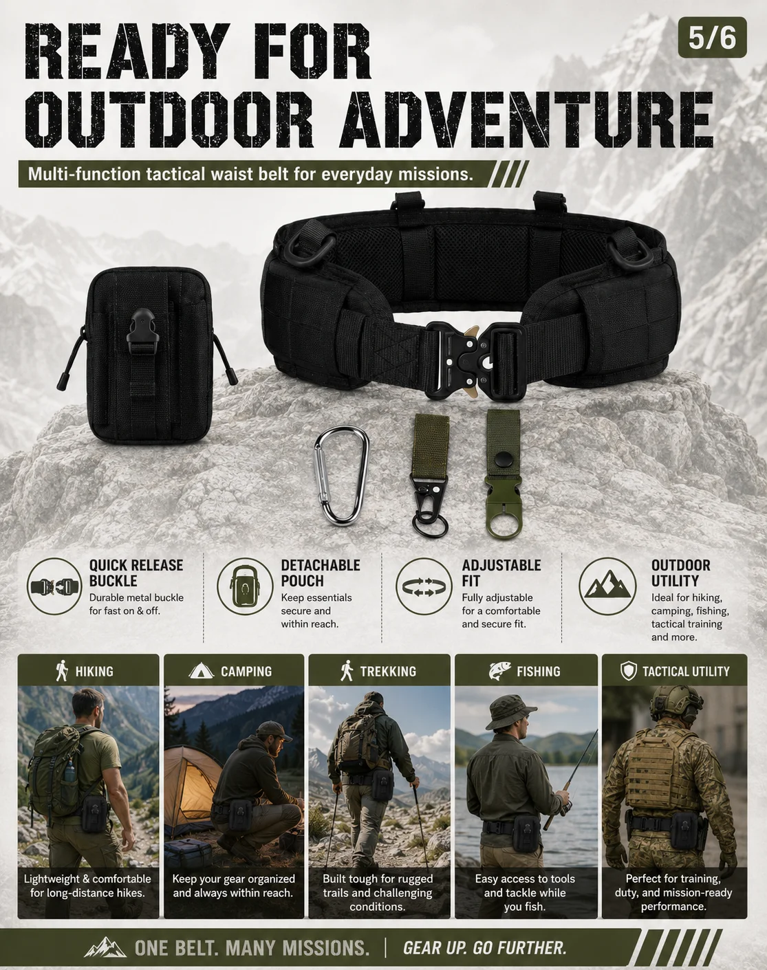 Taktischer Hüftgürtel mit abnehmbarer Tasche, Schnellverschluss-Schnalle, Outdoor-Nutzgeräte für Wandern, Camping, Angeln, militärisches Training – Detail 5