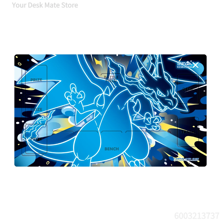 Mega Charizard X Neon TCG Playmat Tapete de mesa de borracha antiderrapante, tapete estético à prova d'água para teclado de escritório