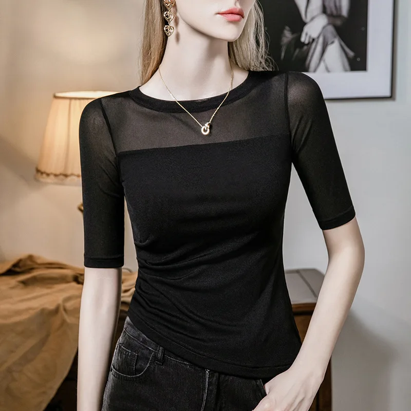 #4495 Summer Black Purple Mesh Irregular T Shirt Women Half Sleeve Sexy See Through Round Neck Sexy Skinny Tee Folds Split Joint