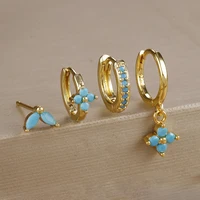 4pcs Fashion Cubic Zirconia Flower Hoop Earrings Set 18K Gold Plated Stainless Steel Stud Earring Piercing Jewelry aretes mujer - Image 4