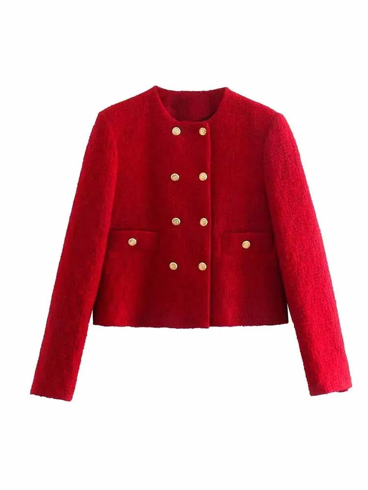

Women's New Fashion Pocket Decoration Casual Short Double Breasted O Neck Jacket Coat Retro Long Sleeve Women's Coat Chic Top