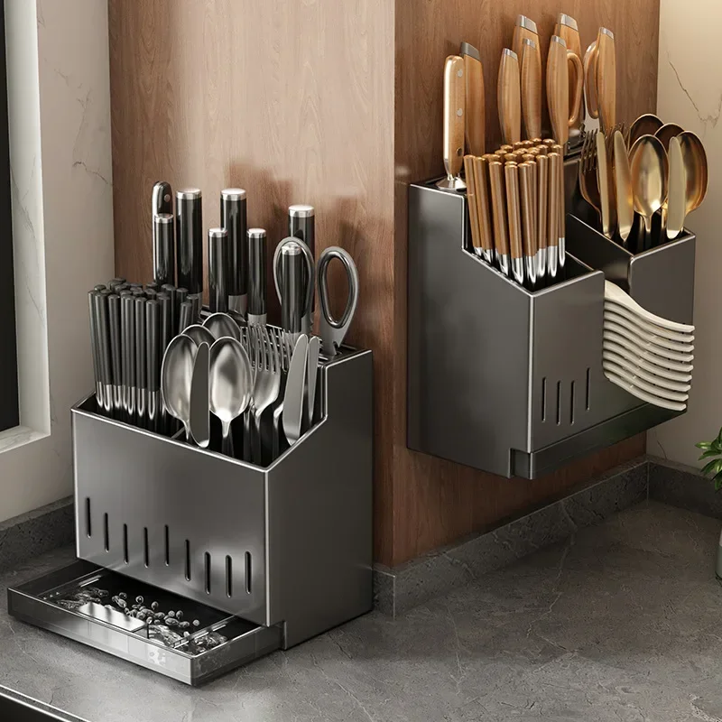 Kitchen Knives Chopstick Baskets Multifunctional Punching Free Knife Racks Integrated Chopstick Tubes Wall Mounted Storage Racks