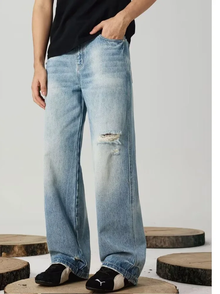 

Trendy Wide Leg Men's Jeans Straight Cut Versatile Nine Point Denim Loose Fit Youthful Sle Durable Wear Resistant Four Seasons