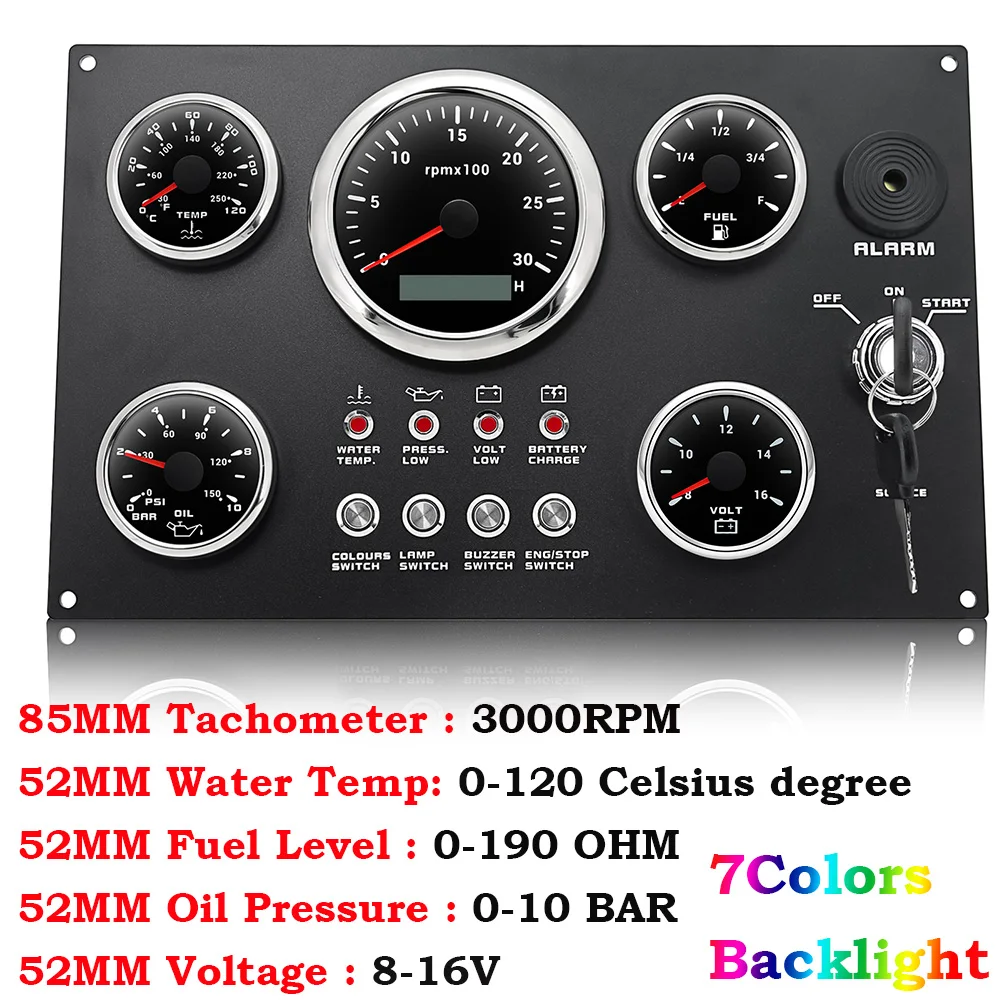 Boot Dashboard 5 Gauge Set Schakelpaneel 85mm Toerenteller 3000 rpm-8000 rpm + 52mm Voltmeter Oliepers Brandstofniveaumeter Aangepast - afbeelding 1