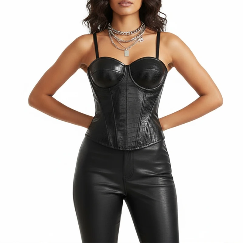 

Модный черный корсетный топ BKLD для женщин: безрукавка из искусственной кожи с открытой спиной, утягивающий талию, с подушечками для груди