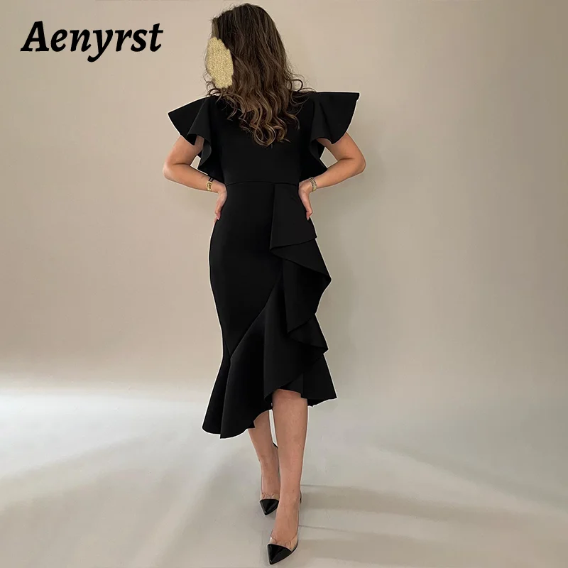 

Aenyrst Saudi Arabia Elegant Black Ruffle Prom Dress Women V Neck Party Evening Dresses Tea Length Formal Occasion Gowns 2024