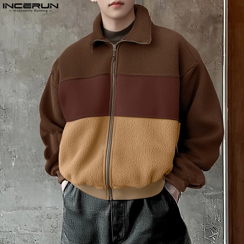 INCERUN Handsome Men Tops Stylish Spliced Contrast Fleece Jackets Coat Autumn Male Loose Comfortable Long Sleeved Jackets S-5XL